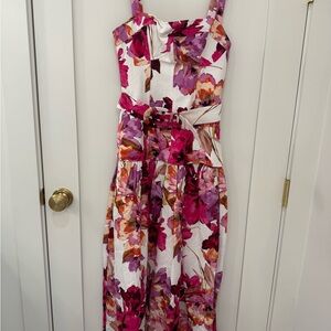 NICHOLAS Pink, Purple & Orange Floral Midi Dress with Belt